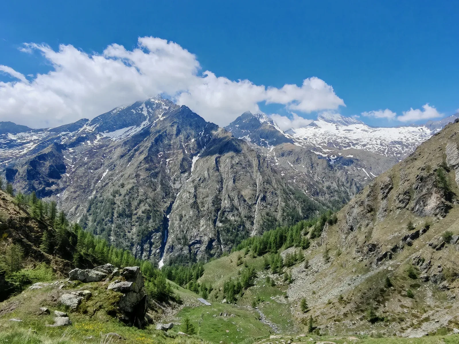 Panorama dalla quota del santuario verso le cime glaciali della testata di valle, con nevai e ghiacciai sulle creste